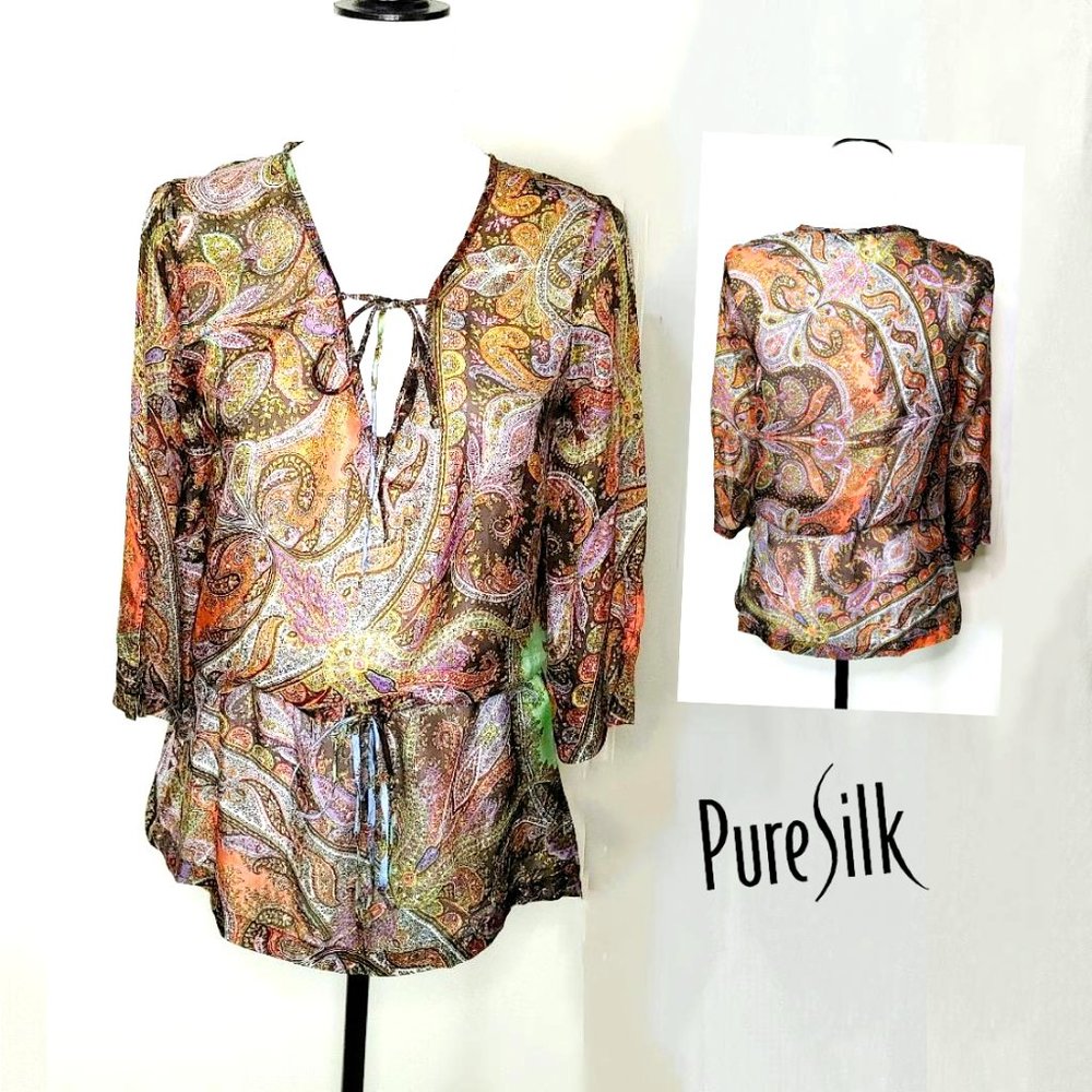 ZINGARA 100% Silk Orange Brown Paisley Tunic Top Tie V-Neck L-Sleeve Drawstring